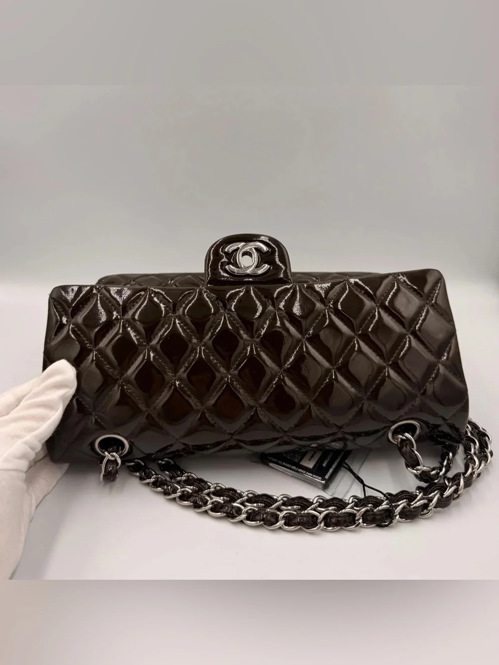 Chanel Classic Medium Double Flap — Dark Brown Patent Silver HW